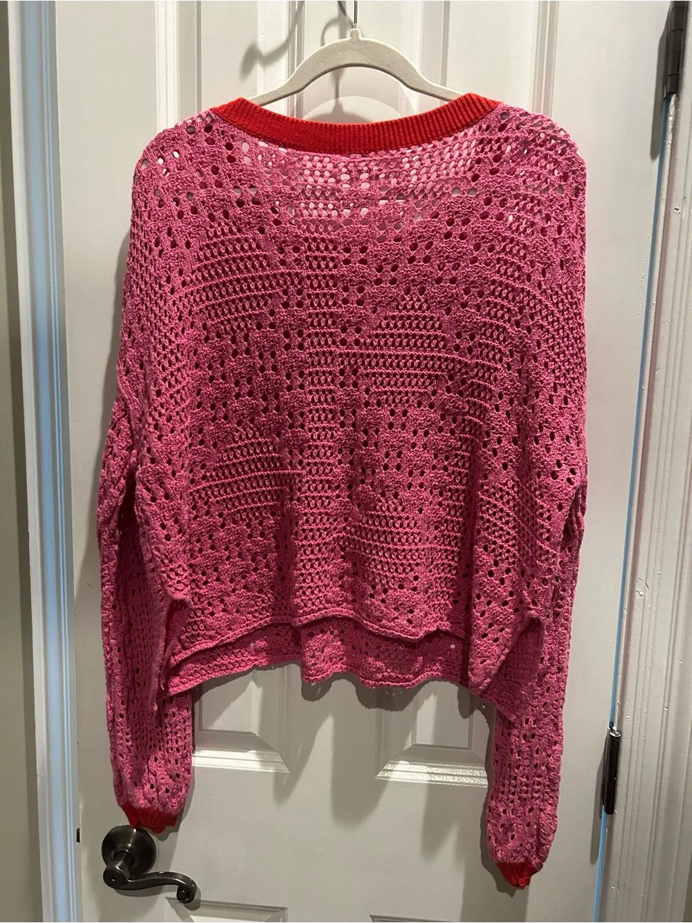 Free People Pink Crochet Knit Sweater with Red Trim